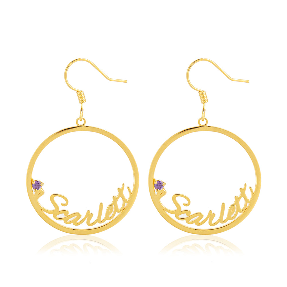 Round Script Name Drop Earrings with Stone