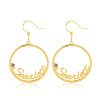 Round Script Name Drop Earrings with Stone