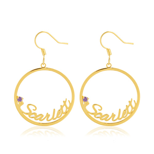 Round Script Name Drop Earrings with Stone