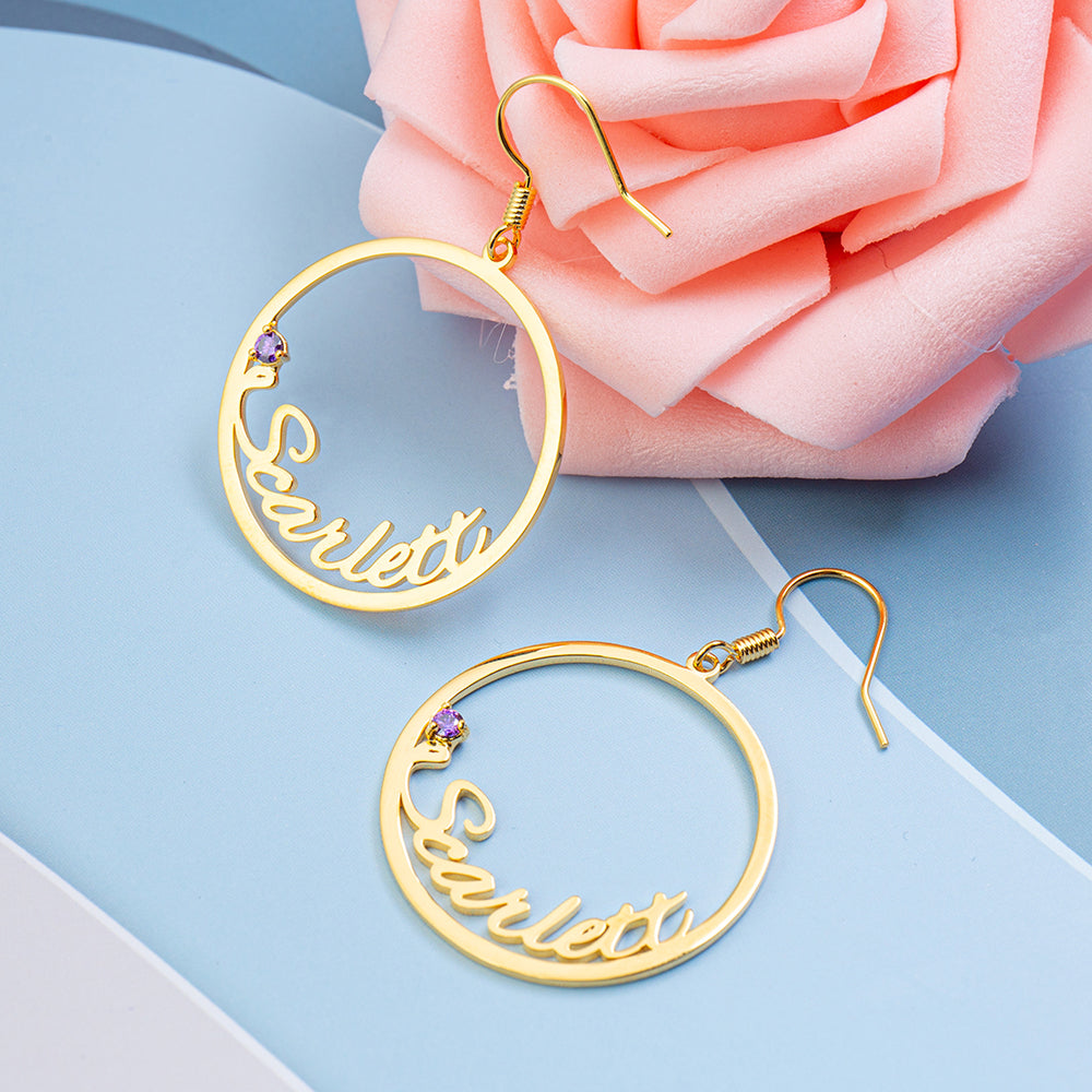 Round Script Name Drop Earrings with Stone
