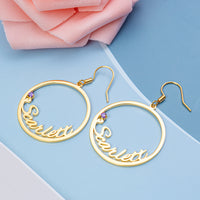 Round Script Name Drop Earrings with Stone