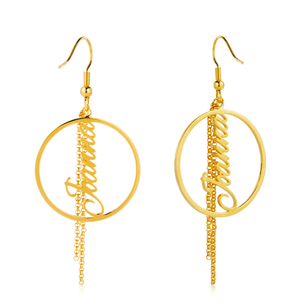 Circle Name Earrings with Chain Tassels