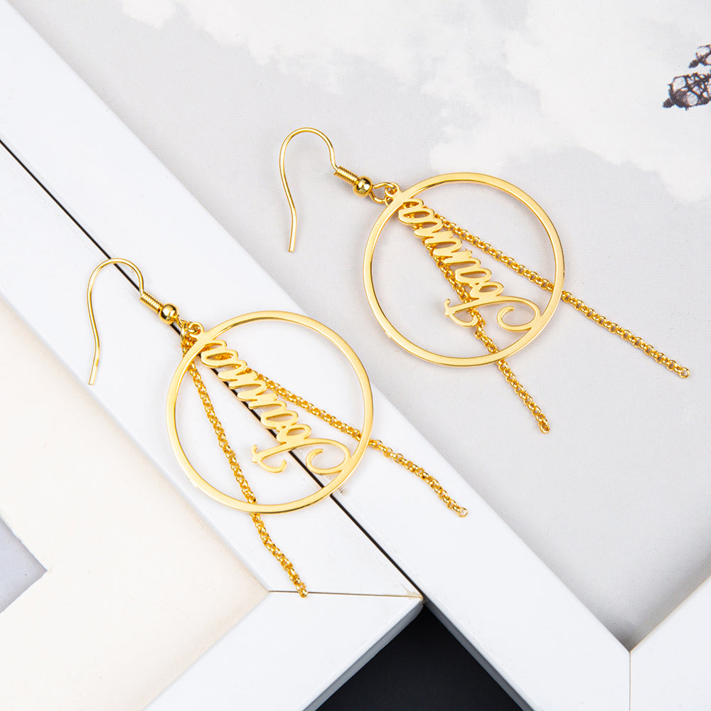 Circle Name Earrings with Chain Tassels