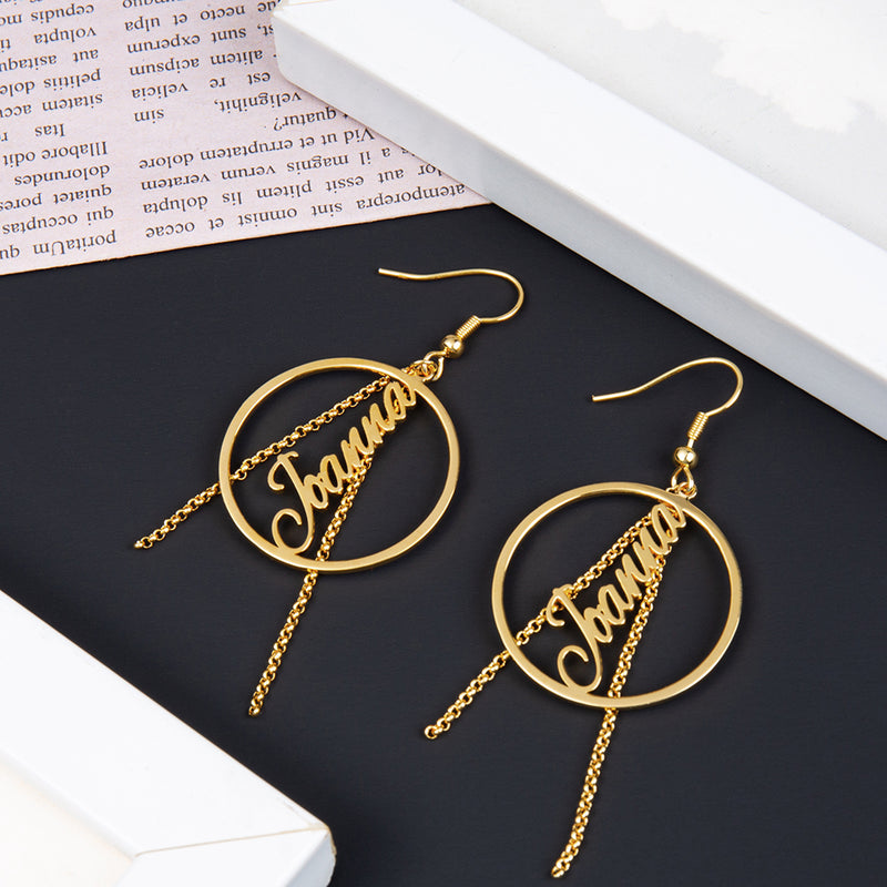 Circle Name Earrings with Chain Tassels