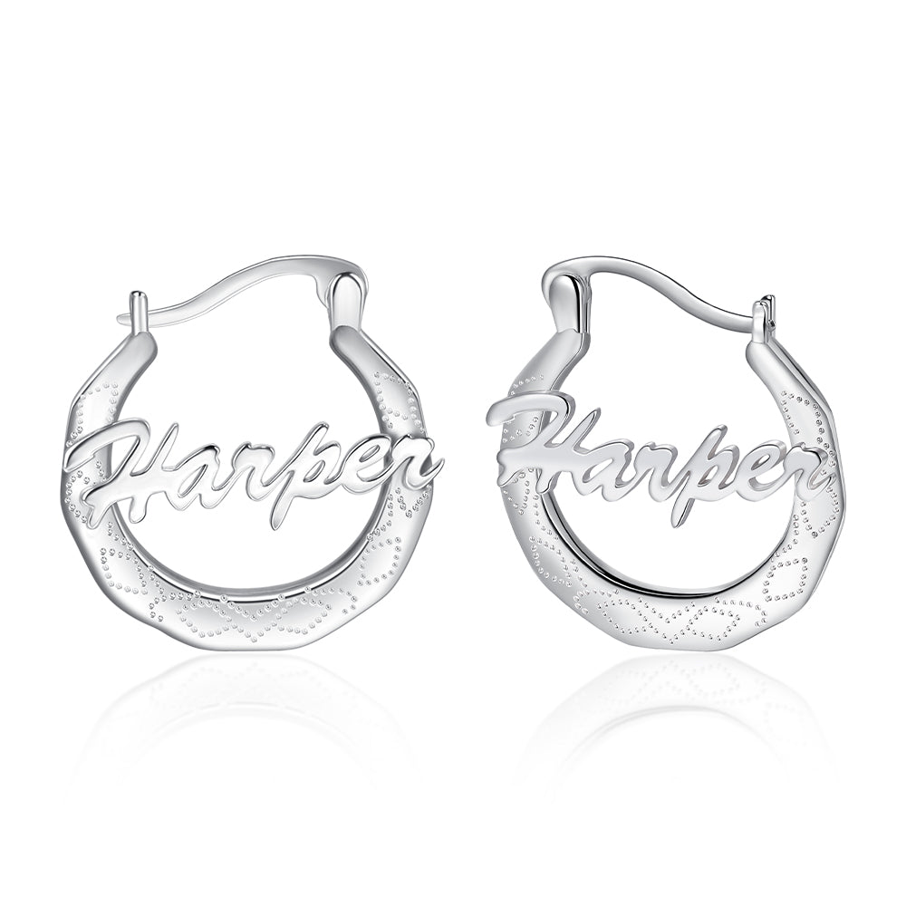 Textured Script Name Hoop Earrings