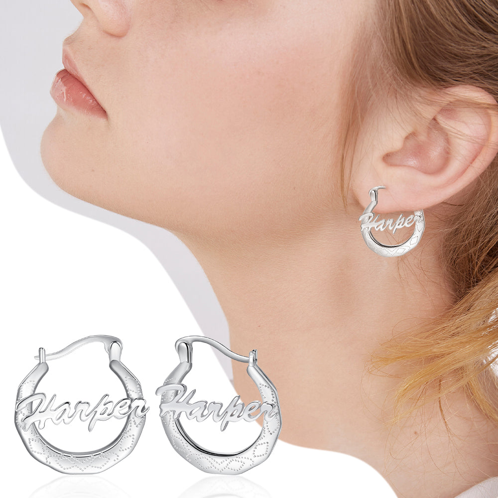 Textured Script Name Hoop Earrings