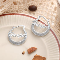 Textured Script Name Hoop Earrings
