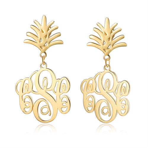 Monogram Drop Earrings with Leaf Top