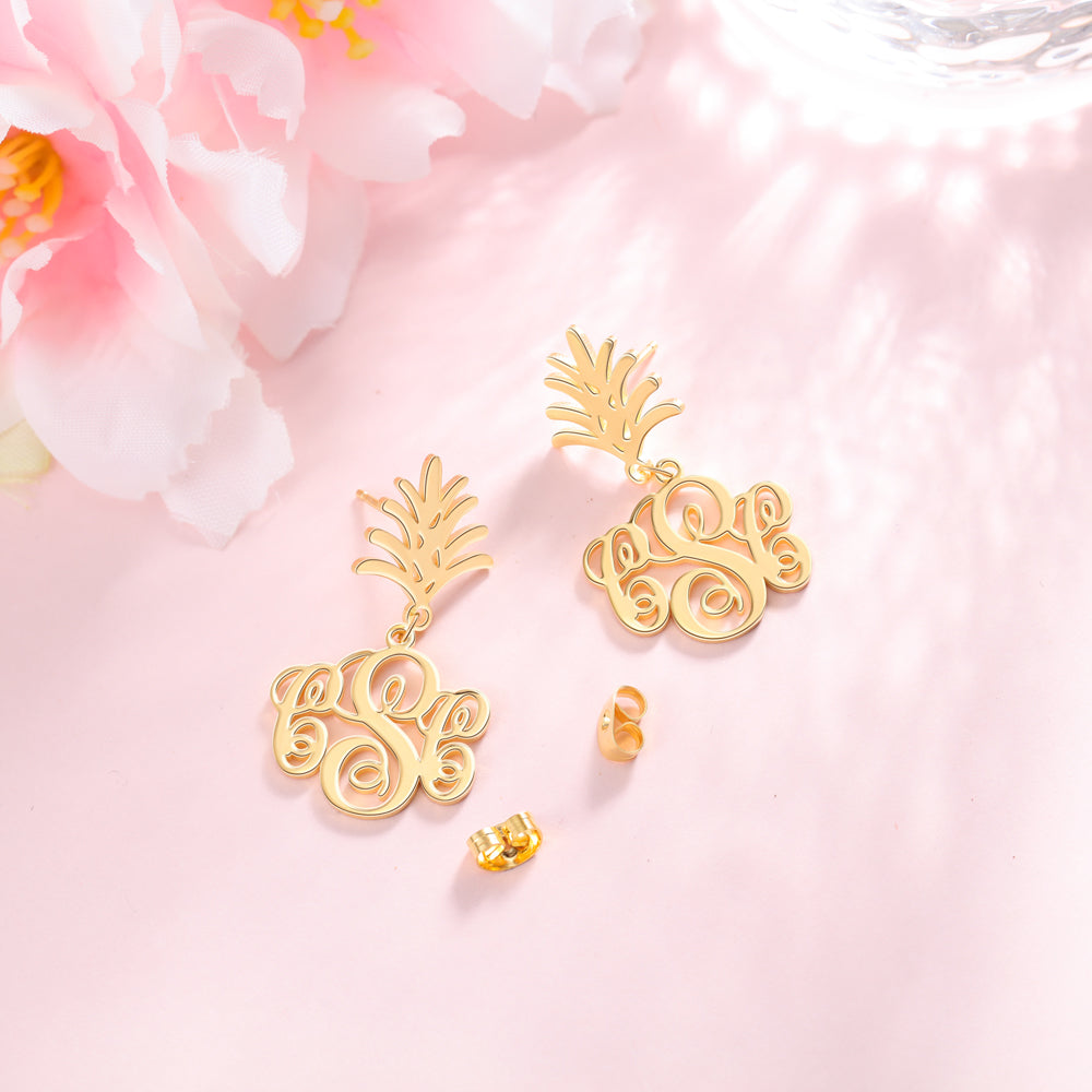 Monogram Drop Earrings with Leaf Top