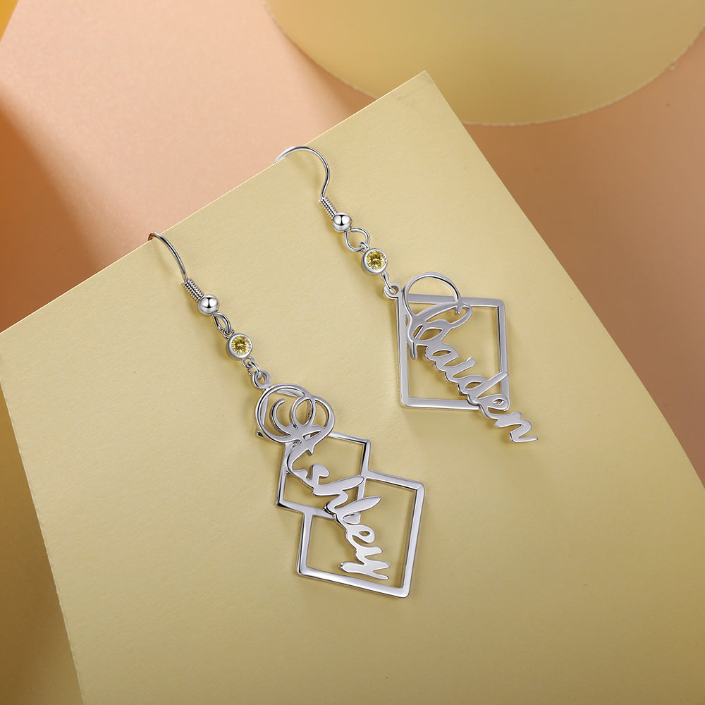 Square Frame Name Drop Earrings with Stone