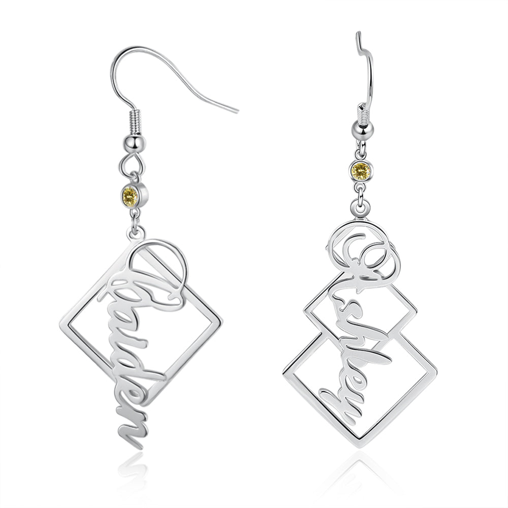 Square Frame Name Drop Earrings with Stone