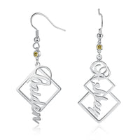 Square Frame Name Drop Earrings with Stone