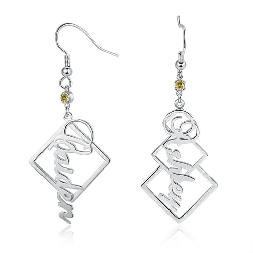 Square Frame Name Drop Earrings with Stone
