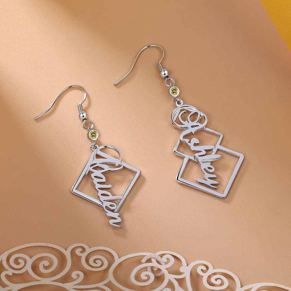 Square Frame Name Drop Earrings with Stone