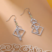 Square Frame Name Drop Earrings with Stone