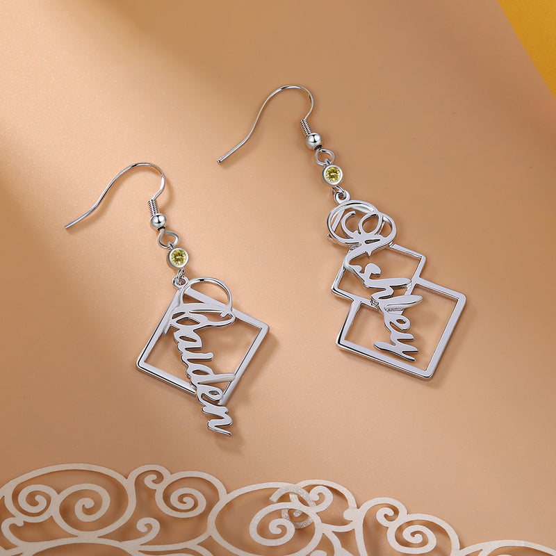 Square Frame Name Drop Earrings with Stone