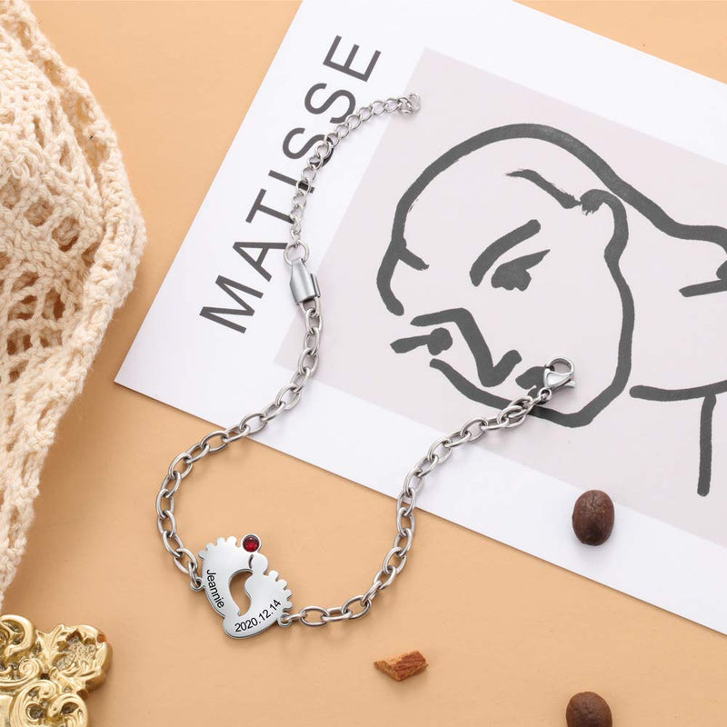 Engraved Baby Feet Birthstone Bracelet