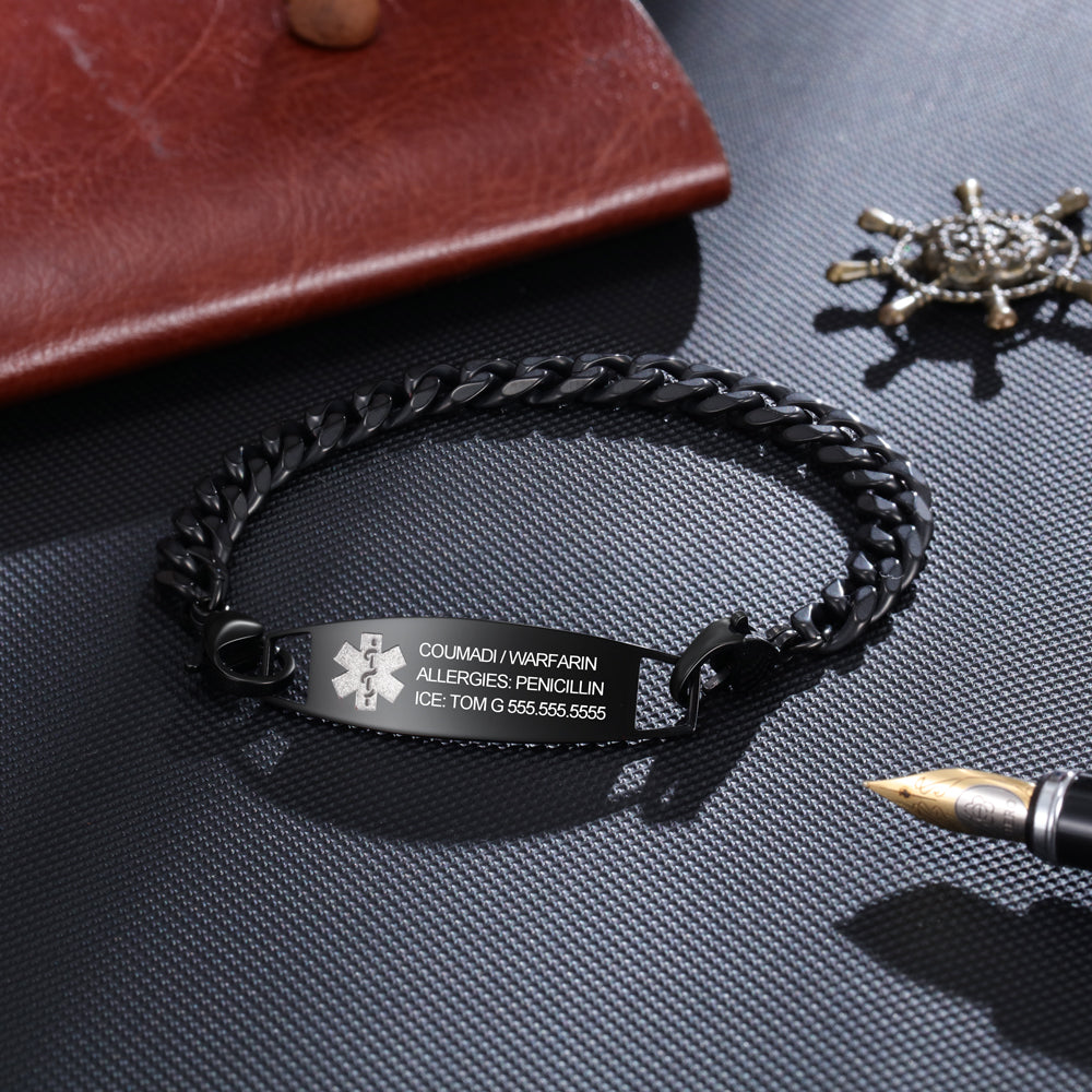 Black Curb Chain Engraved Medical ID Bracelet