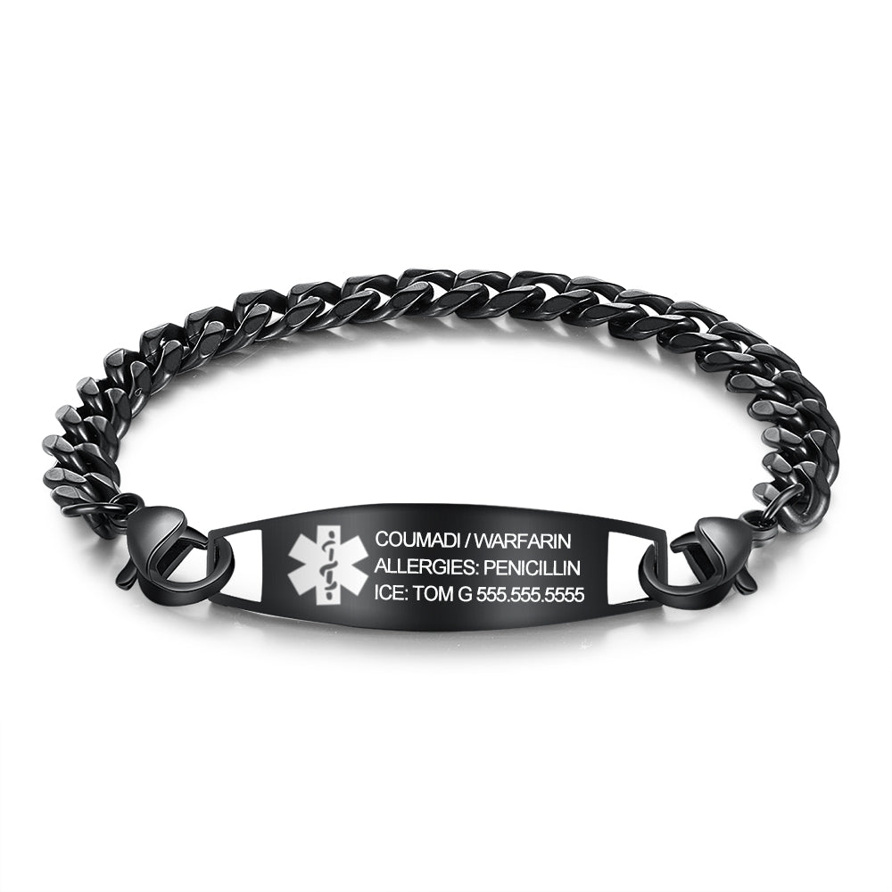 Black Curb Chain Engraved Medical ID Bracelet
