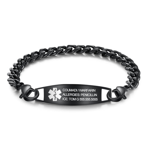 Black Curb Chain Engraved Medical ID Bracelet
