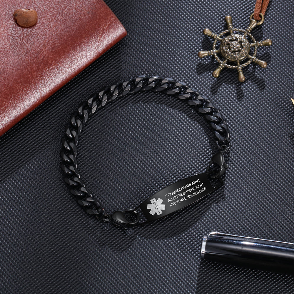 Black Curb Chain Engraved Medical ID Bracelet