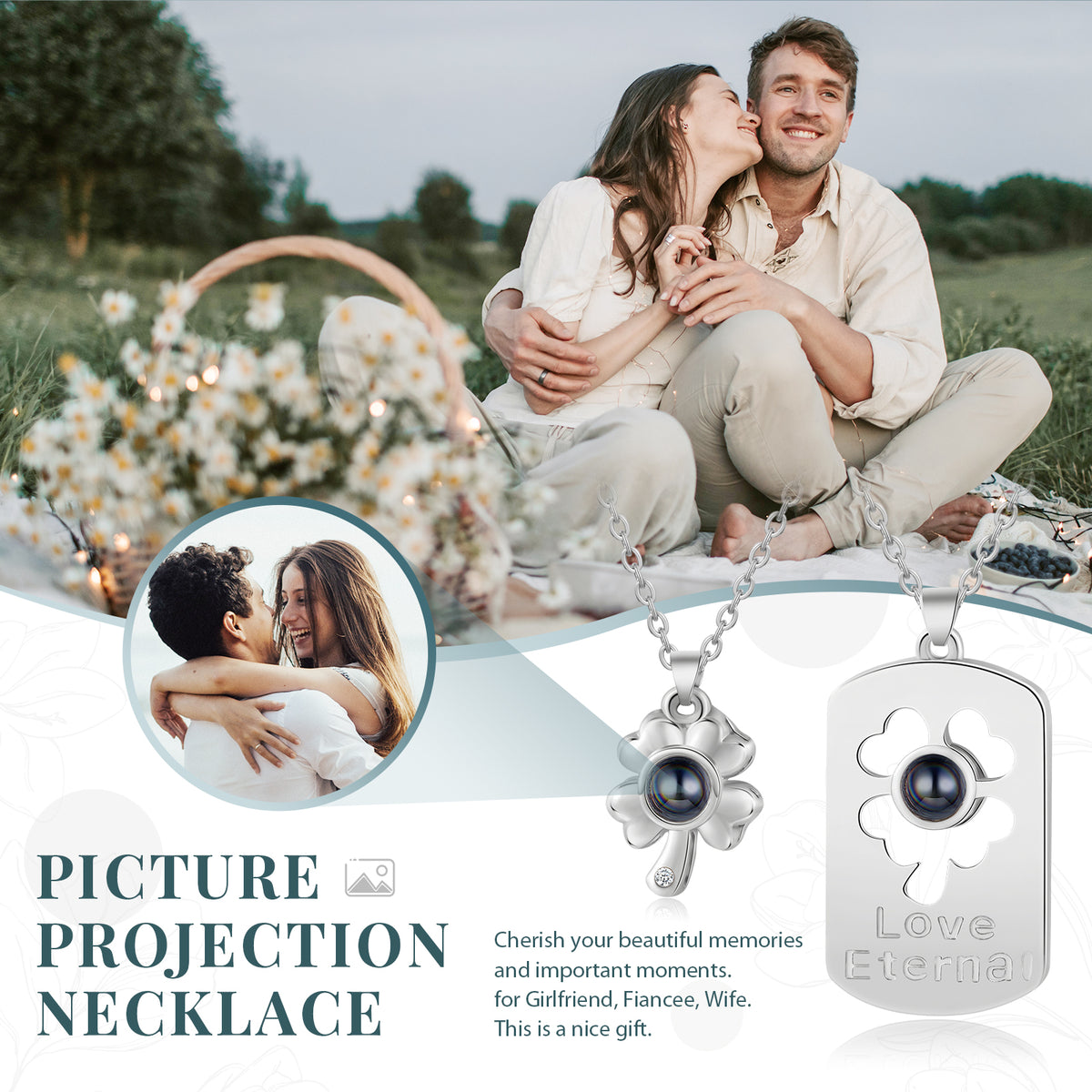 Clover and Love Tag Photo Projection Couple Necklaces
