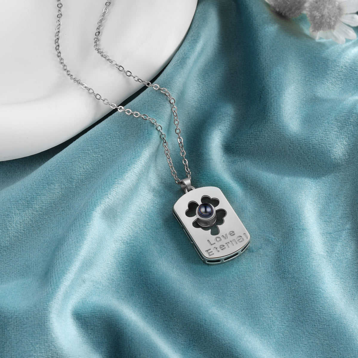 Clover and Love Tag Photo Projection Couple Necklaces