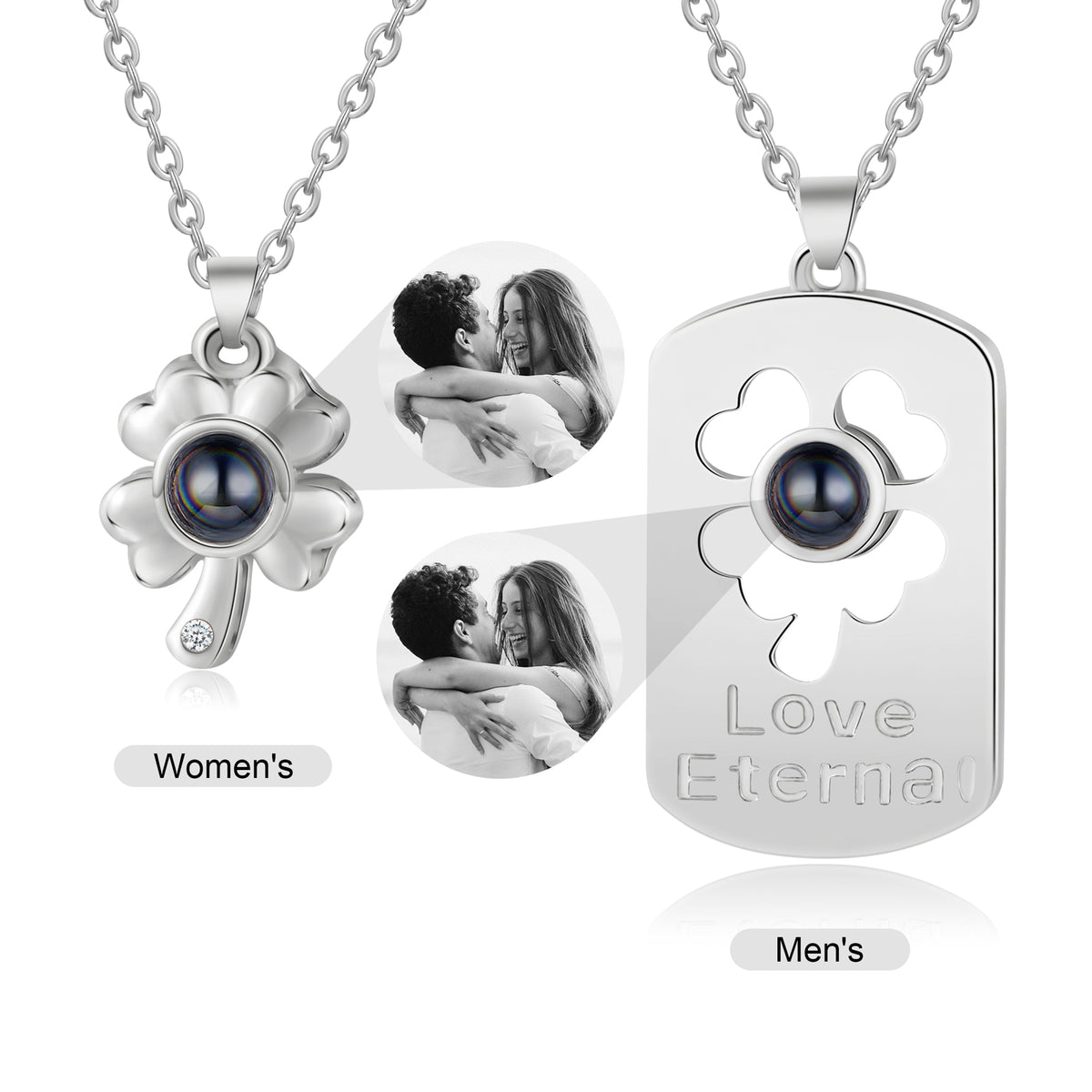 Clover and Love Tag Photo Projection Couple Necklaces