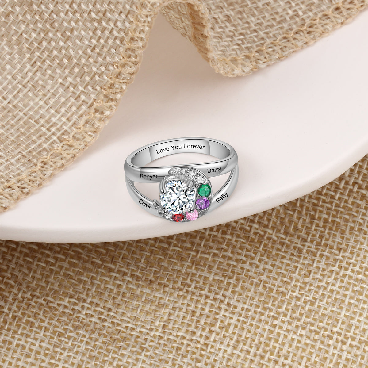 Engraved Name Birthstone Swirl Ring