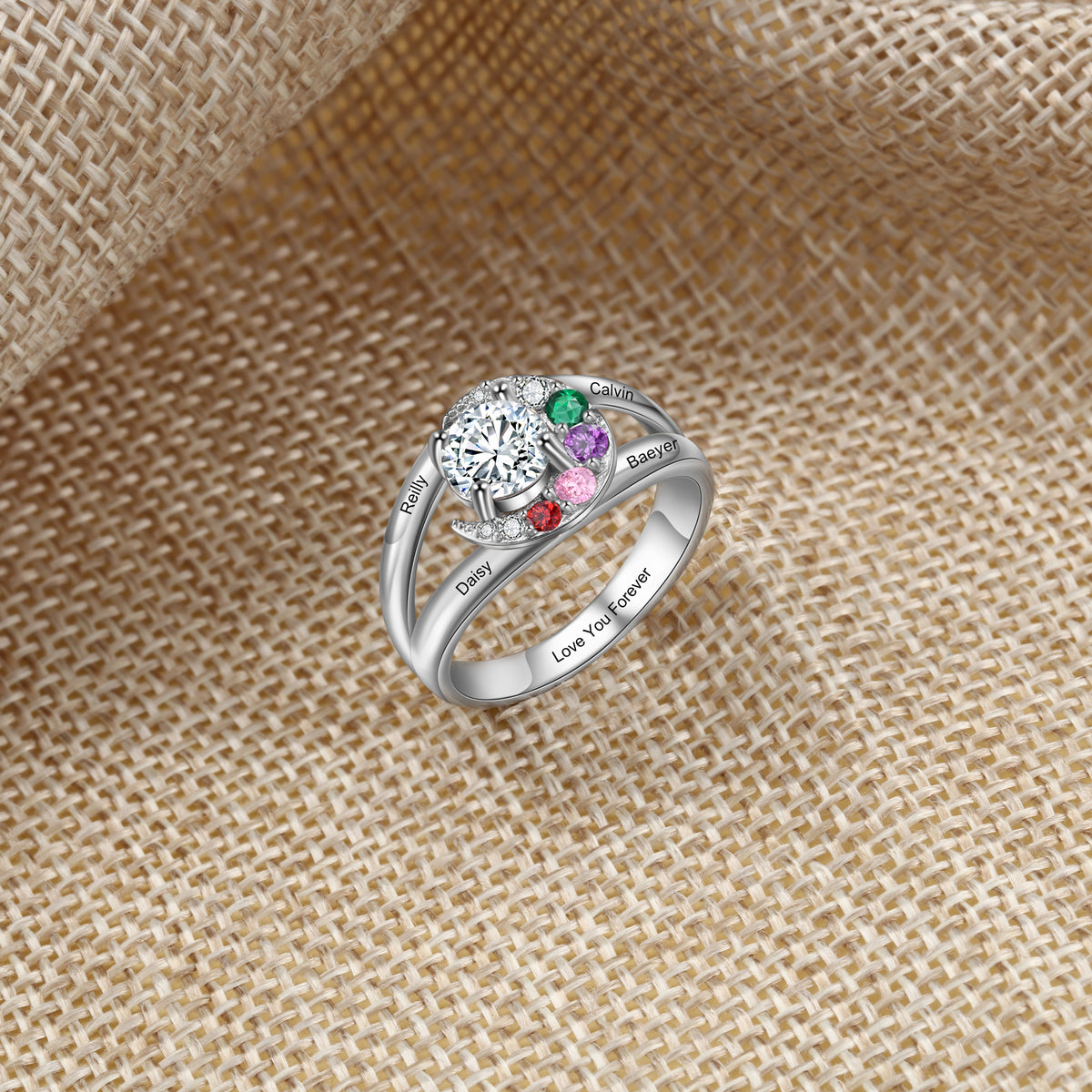 Engraved Name Birthstone Swirl Ring