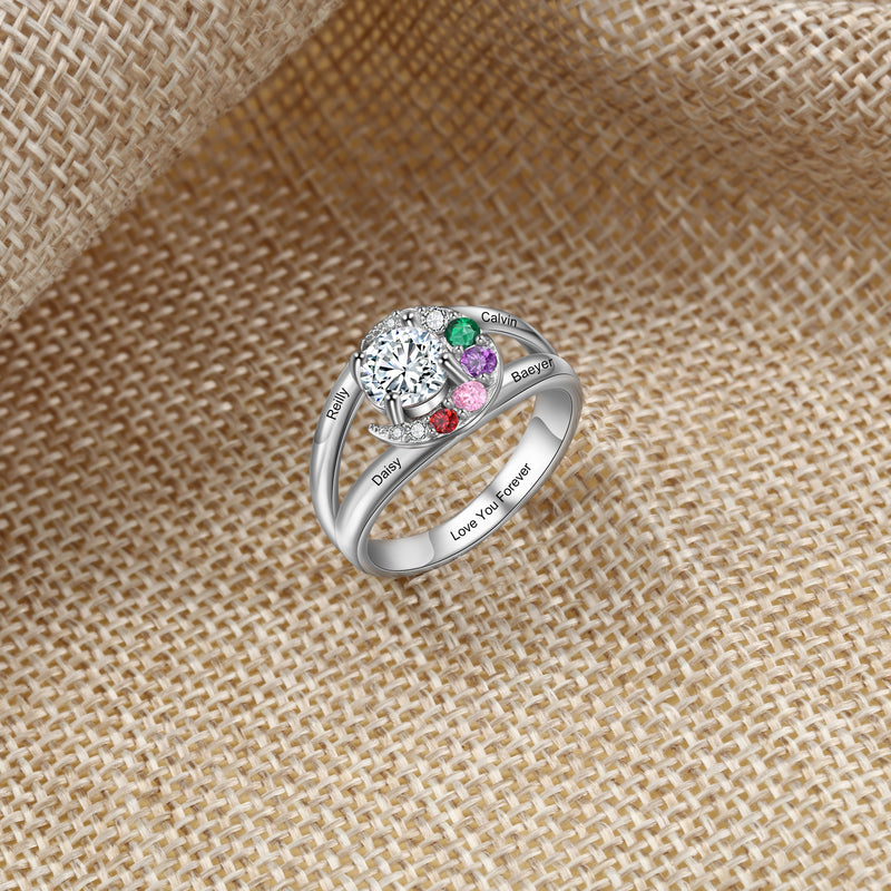 Engraved Name Birthstone Swirl Ring