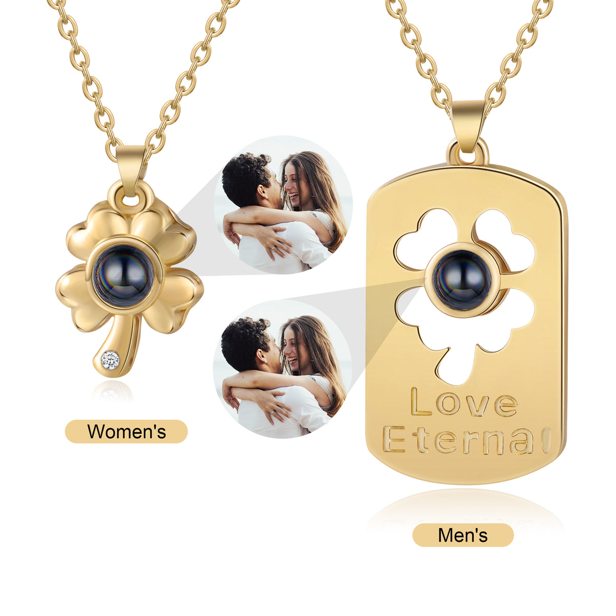 Clover and Love Tag Photo Projection Couple Necklaces
