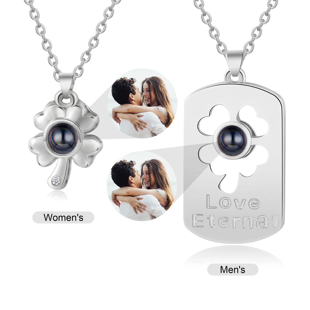 Clover and Love Tag Photo Projection Couple Necklaces