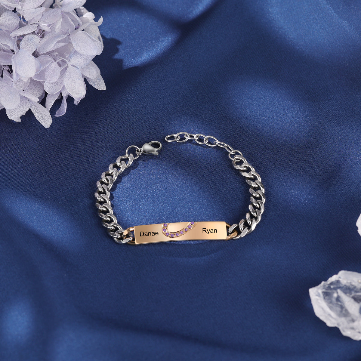 Engraved Couple Name Bar Bracelets with Birthstones