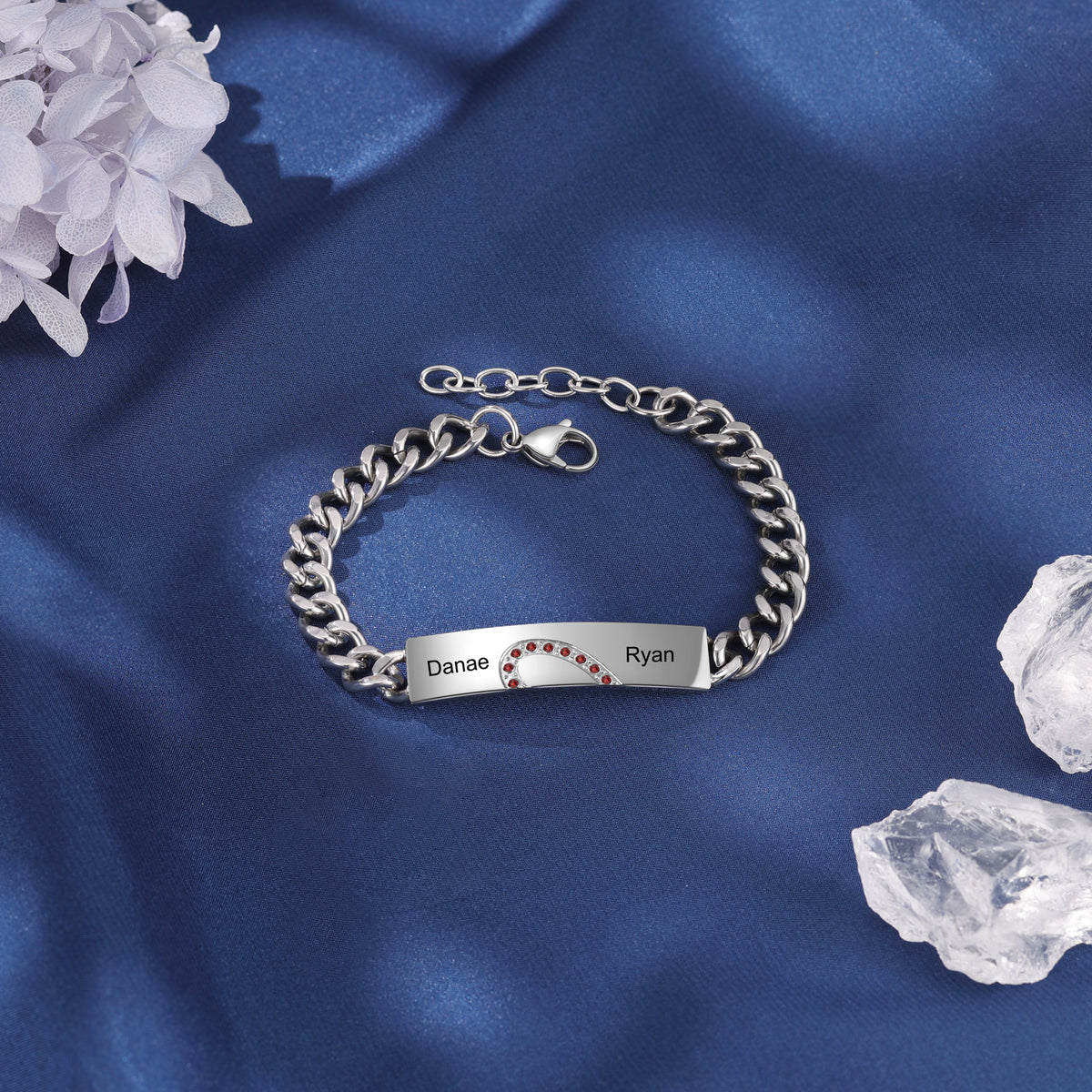 Engraved Couple Name Bar Bracelets with Birthstones