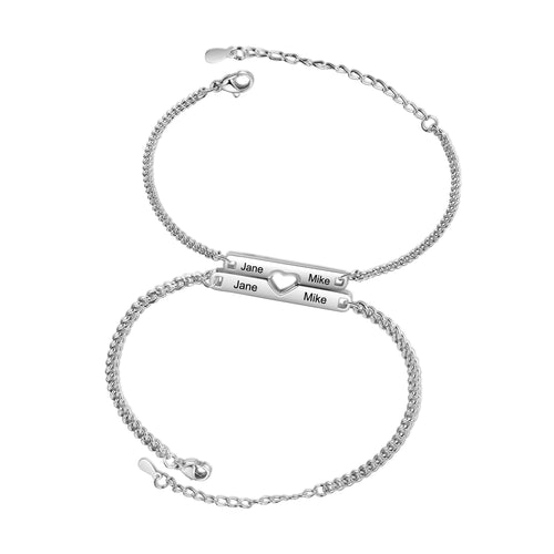 Engraved Heart Bar Couple Bracelet Set