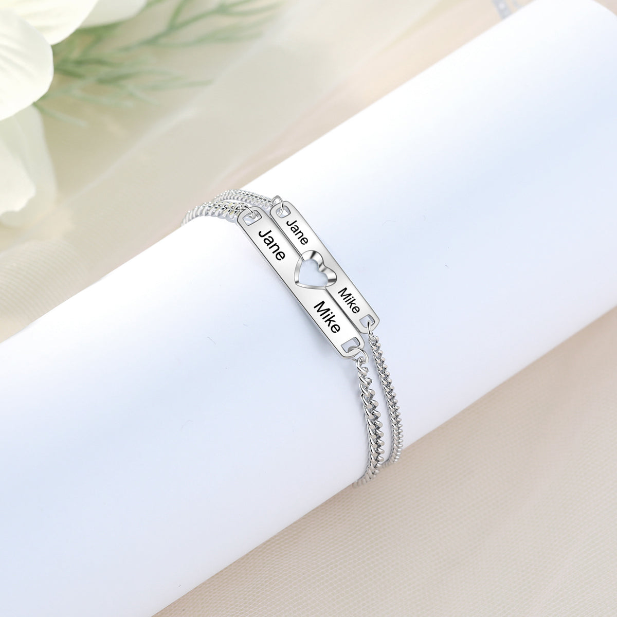 Engraved Heart Bar Couple Bracelet Set