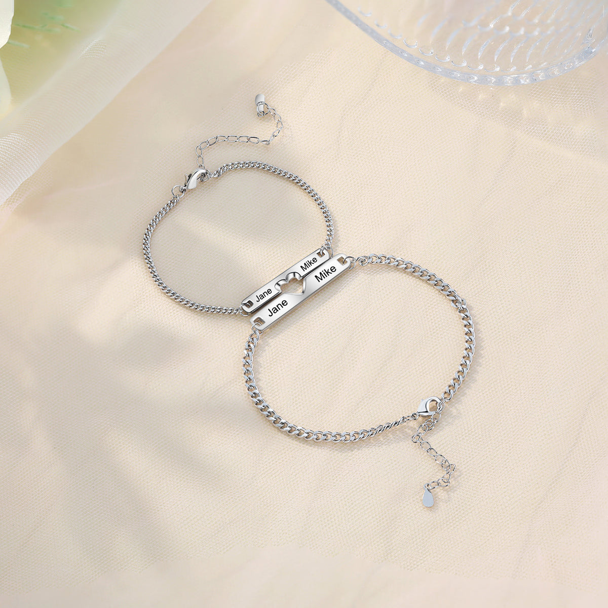 Engraved Heart Bar Couple Bracelet Set