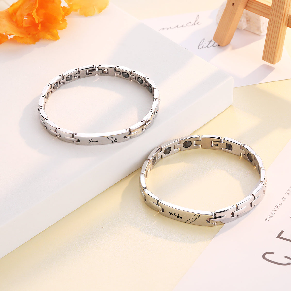 Engraved Name Link Couple Bracelet Set