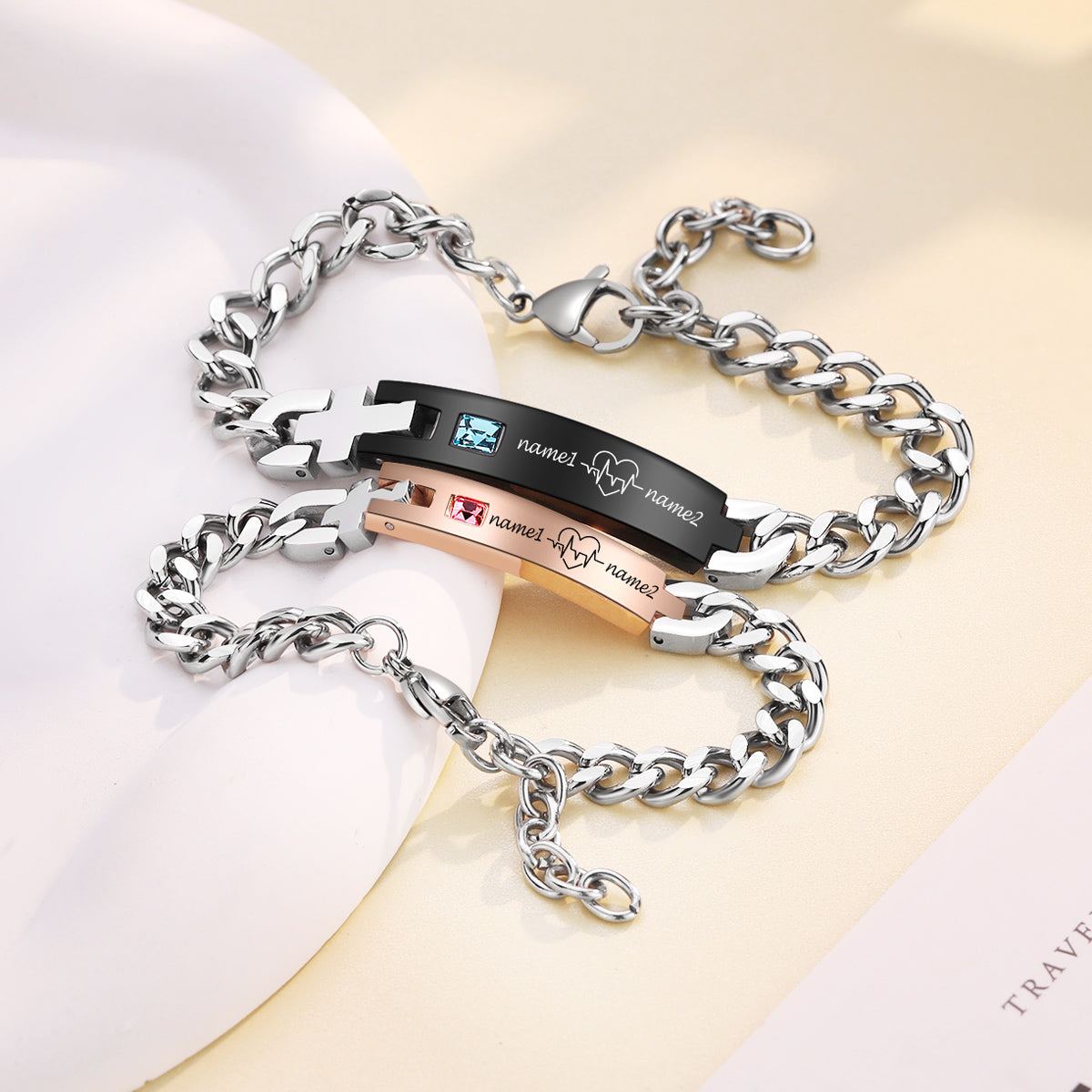 Engraved Name Plate Couple Bracelet Set
