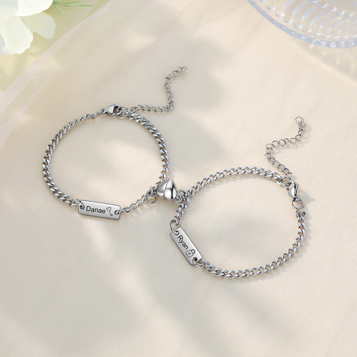Magnetic Heart Engraved Name Couple Bracelets