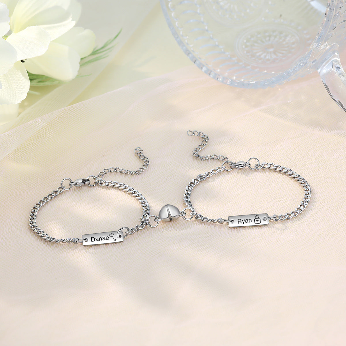Magnetic Heart Engraved Name Couple Bracelets
