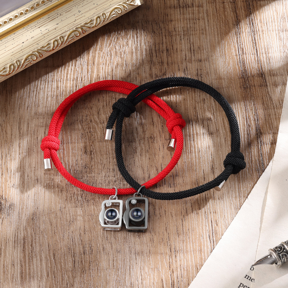 Red and Black Cord Photo Projection Couple Bracelets