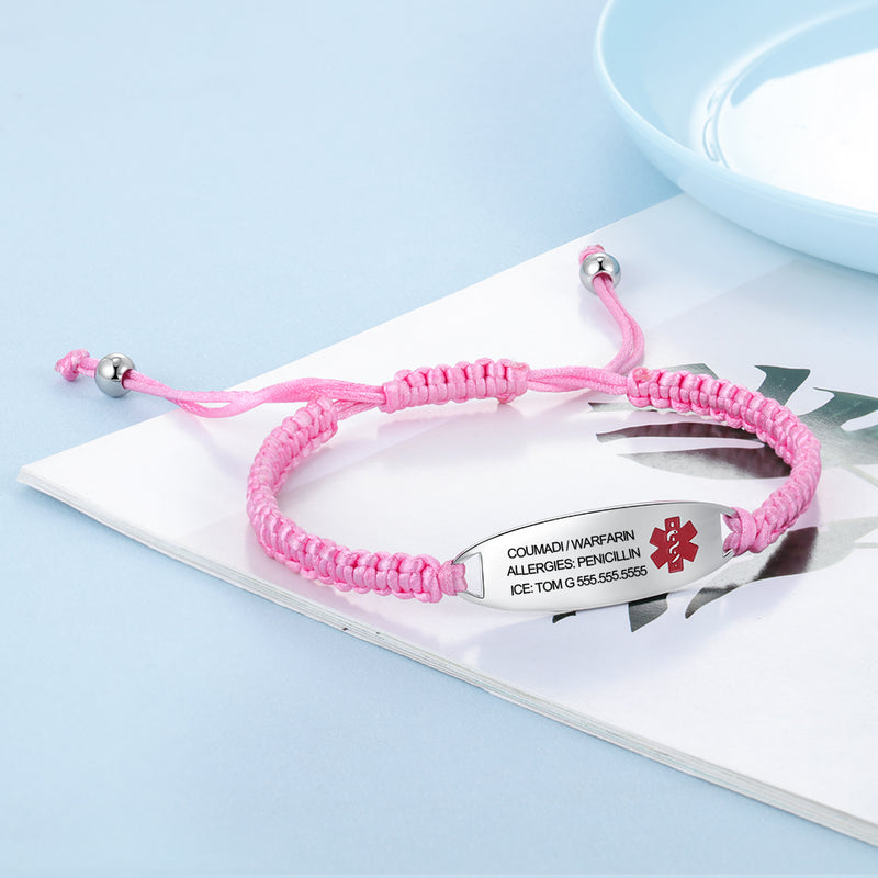 Personalized Pink Braided Medical ID Bracelet
