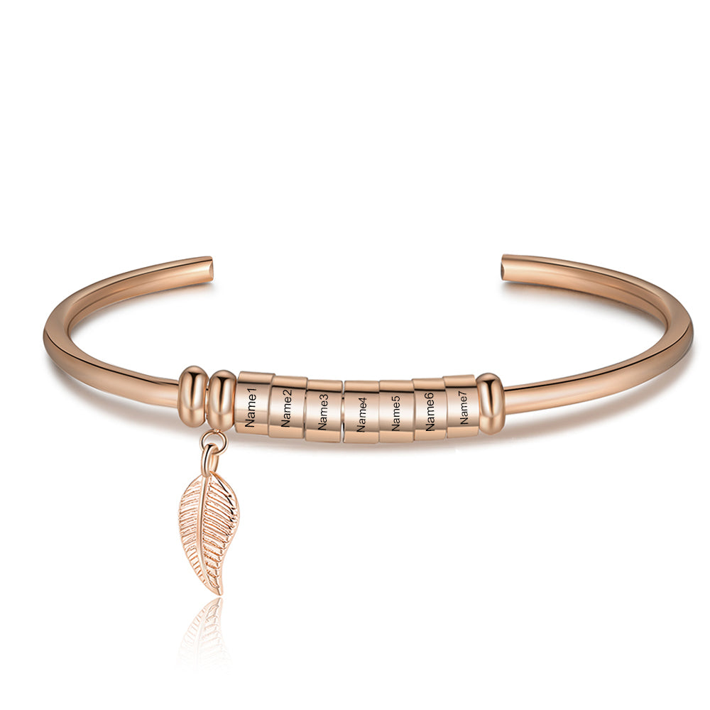 Leaf Charm Name Bead Cuff Bracelet