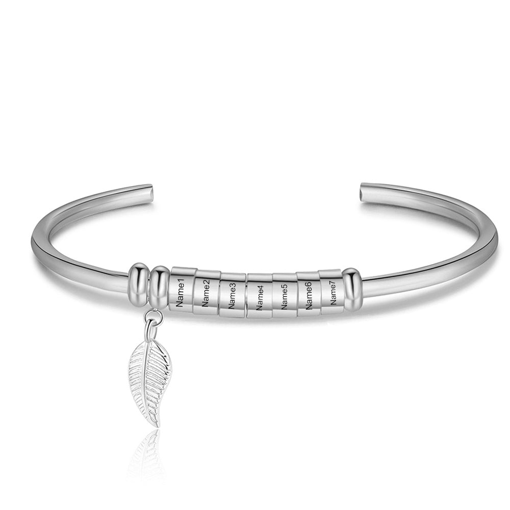 Leaf Charm Name Bead Cuff Bracelet
