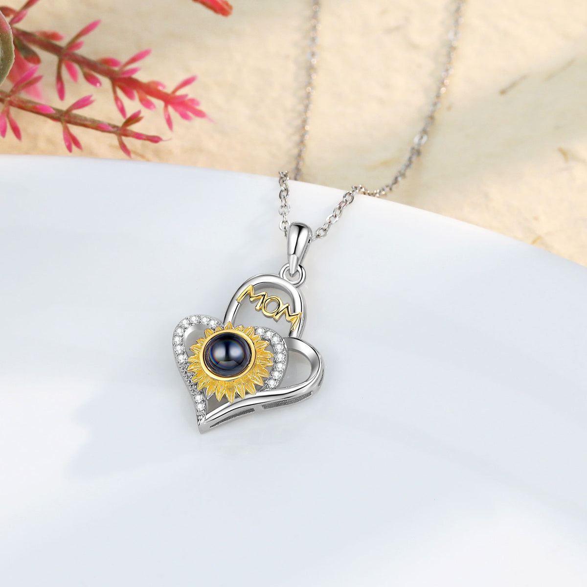 Mom Sunflower Heart Photo Projection Necklace