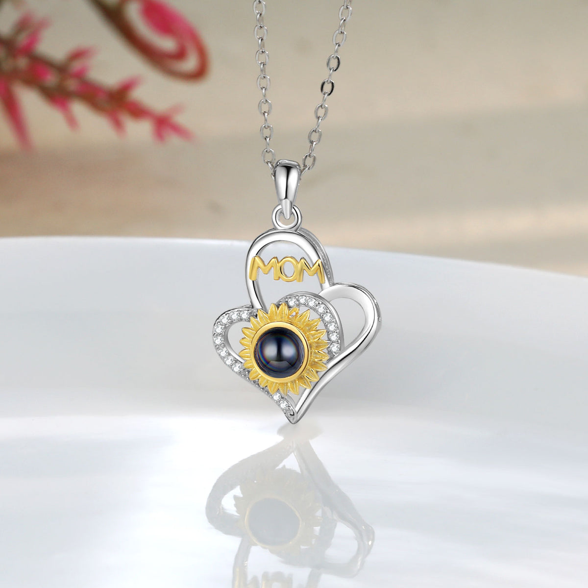 Mom Sunflower Heart Photo Projection Necklace