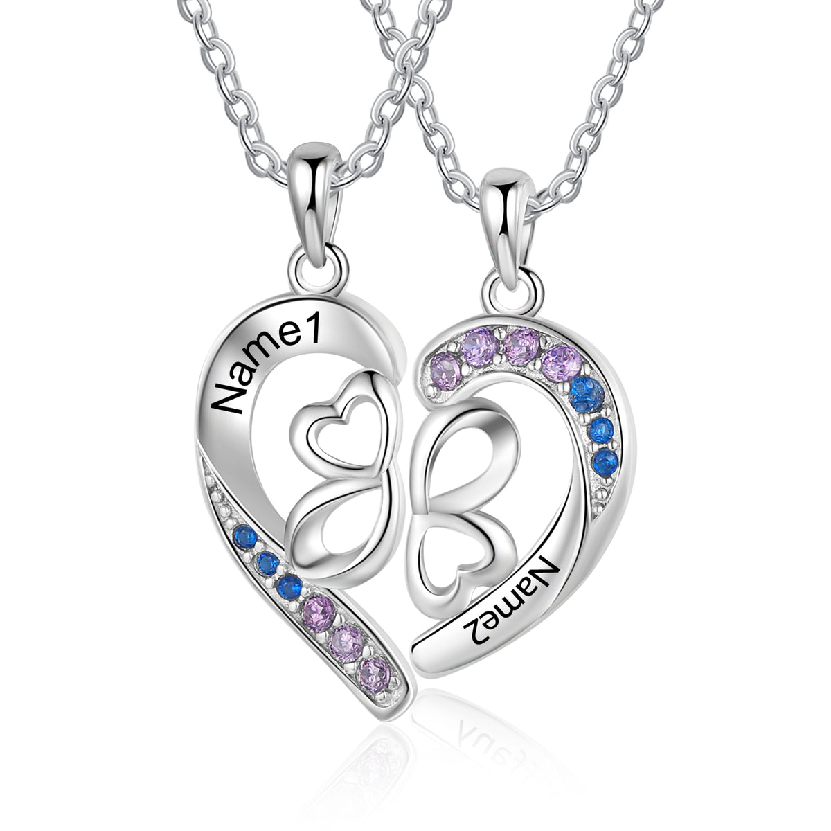 Split Heart Four Leaf Clover Name Necklace Set