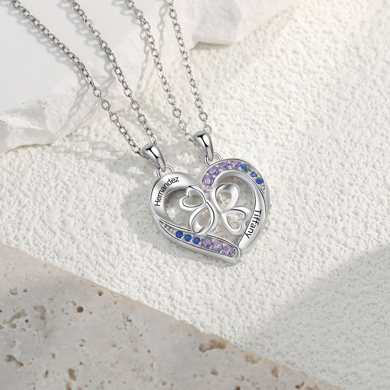 Split Heart Four Leaf Clover Name Necklace Set
